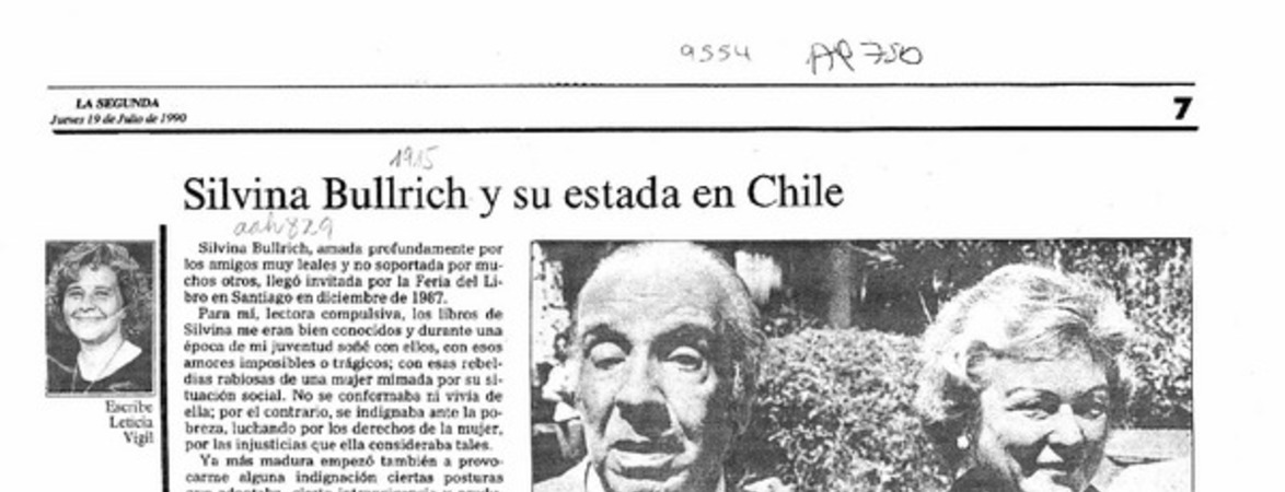 Silvina Bullrich y su estada en Chile  [artículo] Leticia Vigil.