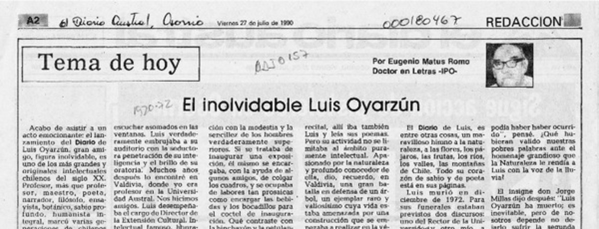 El inolvidable Luis Oyarzún  [artículo] Eugenio Matus Romo.
