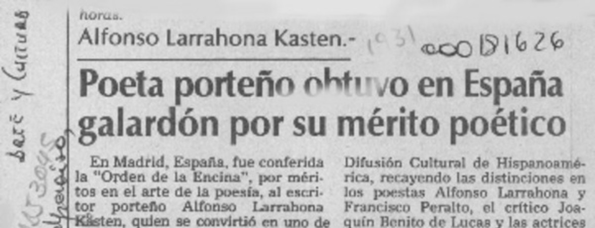 Poeta porteño obtuvo en España galardón por su mérito poético  [artículo].
