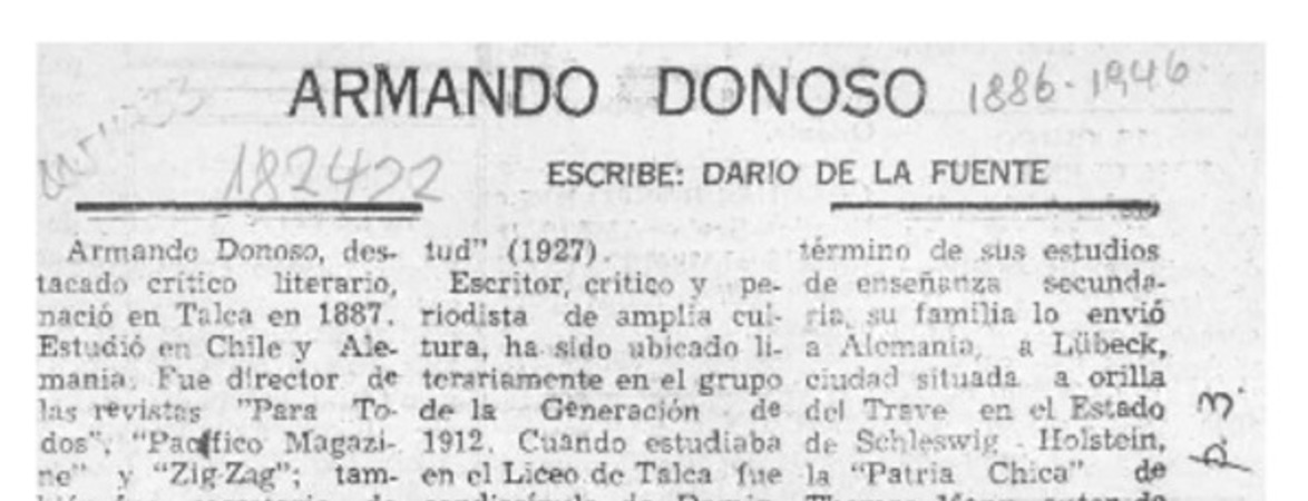 Armando Donoso  [artículo] Darío de la Fuente D.