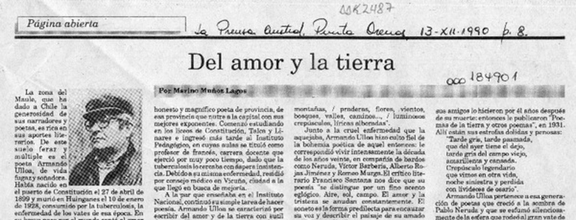 Del amor y la tierra  [artículo] Marino Muñoz Lagos.