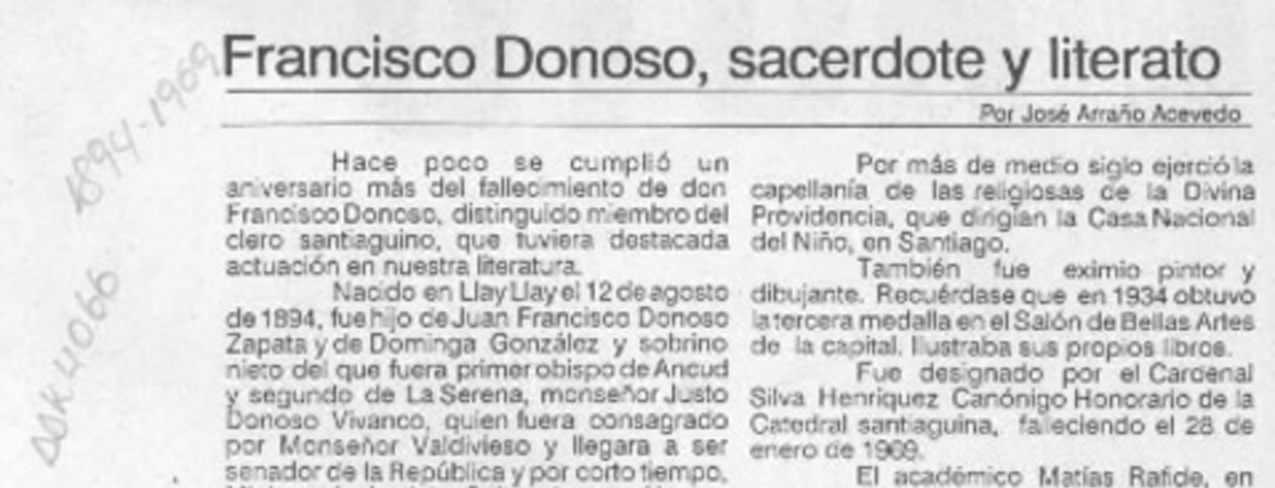Francisco Donoso, sacerdote literato  [artículo] José Arraño Acevedo.