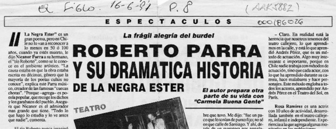 Roberto Parra y su dramática historia de la negra Ester  [artículo] E. B.