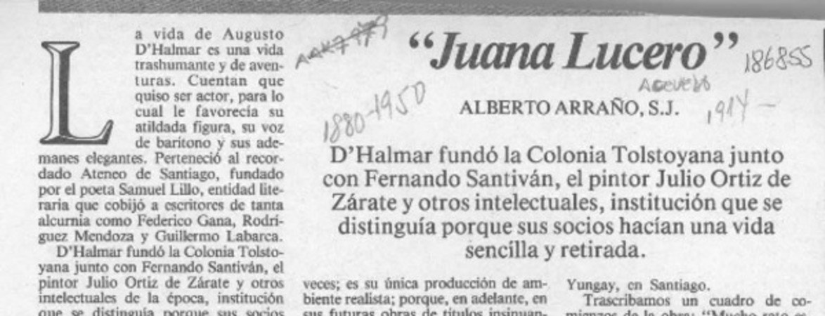 "Juana Lucero"  [artículo] Alberto Arraño.
