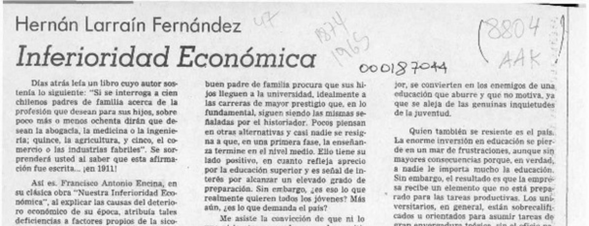 Inferioridad económica  [artículo] Hernán Larraín Fernández.