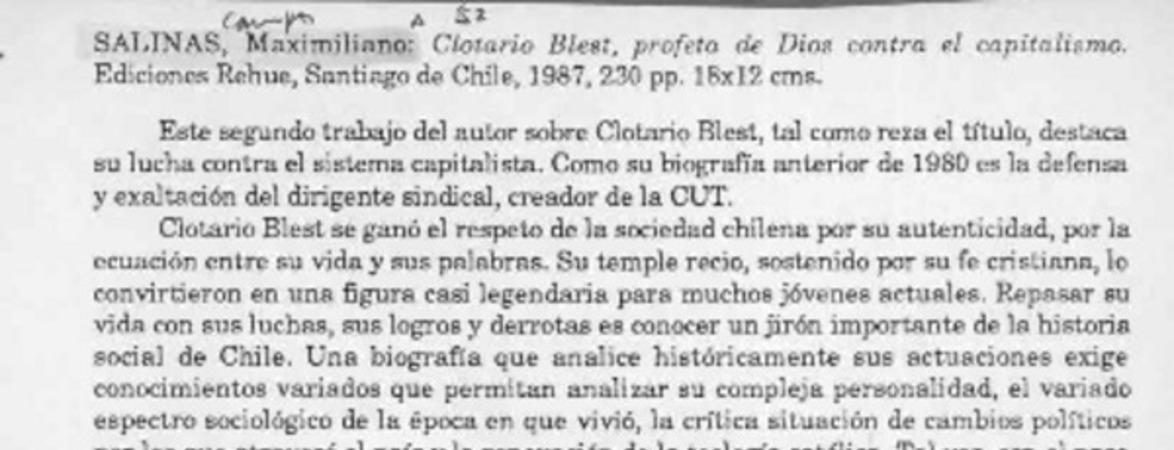 Salinas, Maximiliano, "Clotario Blest, profeta de Dios contra el capitalismo"  [artículo] Marciano Barrios Valdés.