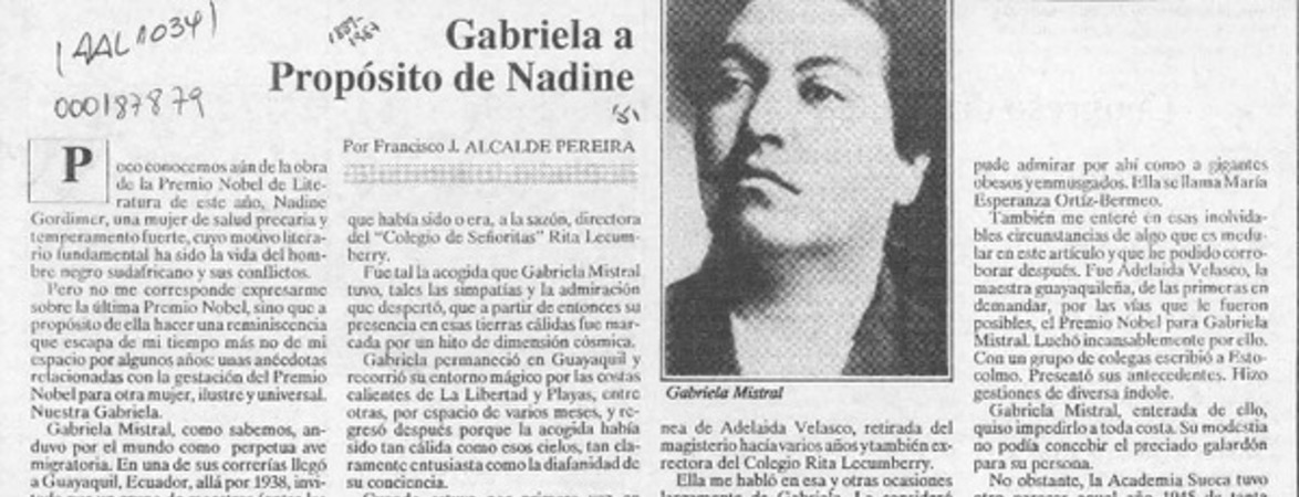 Gabriela a propósito de Nadine  [artículo] Francisco J. Alcalde Pereira.