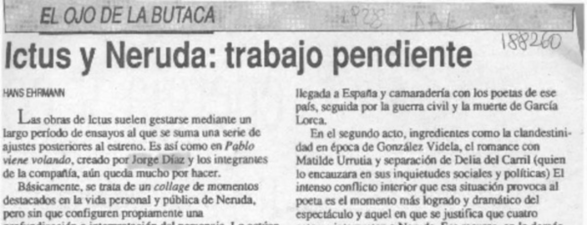 Ictus y Neruda, trabajo pendiente  [artículo] Hans Ehrmann.