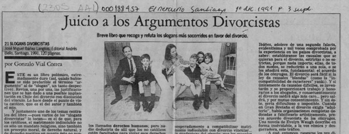 Juicio a los argumentos divorcistas  [artículo] Gonzalo Vial Correa.
