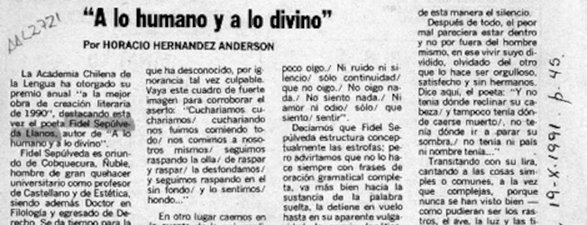 "A lo humano y a lo divino"  [artículo] Horacio Hernández Anderson.