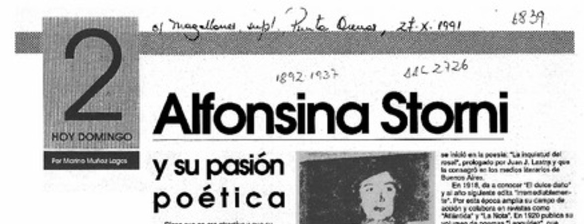 Alfonsina Storni y su pasión poética  [artículo] Marino Muñoz Lagos.