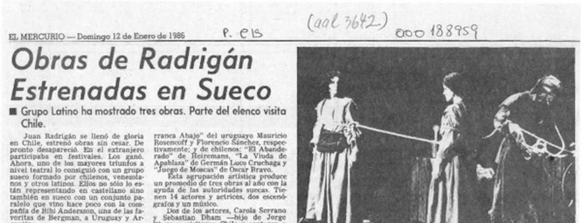Obras de Radrigán estrenadas en sueco  [artículo].
