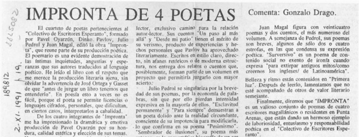 Impronta de 4 poetas  [artículo] Gonzalo Drago.