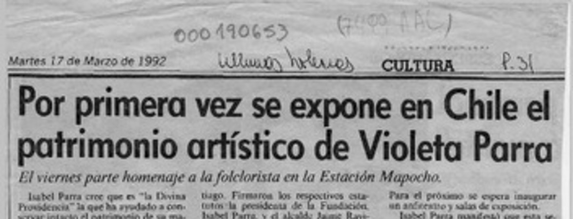 Por primera vez se expone en Chile el patrimonio artístico de Violeta Parra  [artículo].