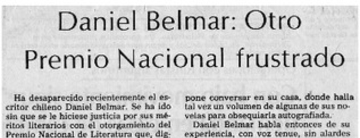 Daniel Belmar, otro Premio Nacional frustrado