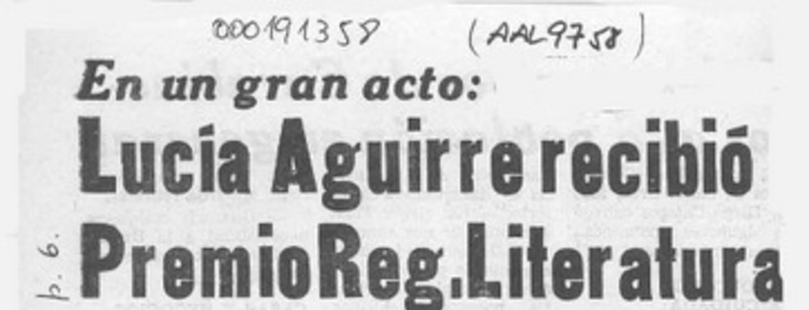 Lucía Aguirre recibió Premio Reg. Literatura  [artículo].