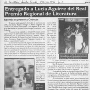 Entregado a Lucía Aguirre del Real Premio Regional de Literatura  [artículo].