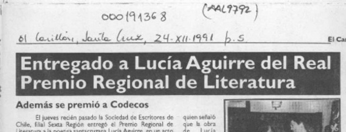 Entregado a Lucía Aguirre del Real Premio Regional de Literatura  [artículo].