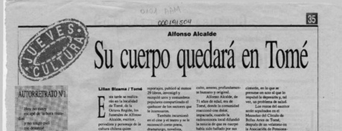 Su cuerpo quedará en Tomé  [artículo] Lilian Bizama.