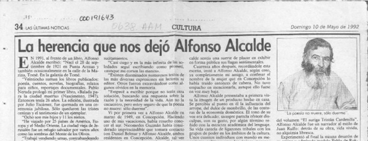 La herencia que nos dejó Alfonso Alcalde  [artículo] Filebo.