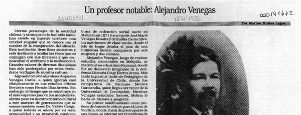 Un profesor notable, Alejandro Venegas  [artículo] Marino Muñoz Lagos.