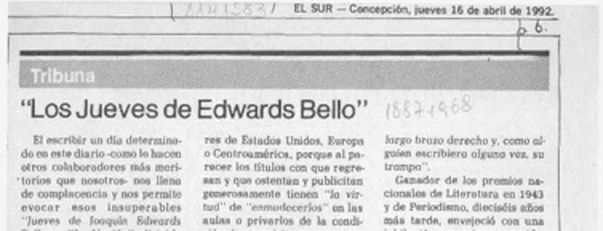 "Los jueves de Edwards Bello"  [artículo] Sergio Ramón Fuentealba.