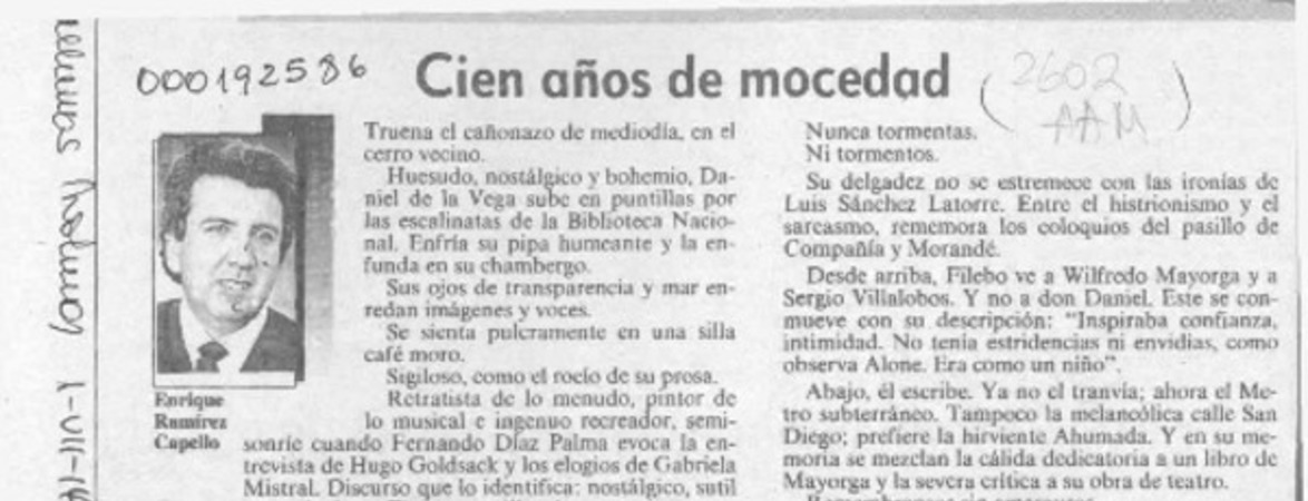 Cien años de mocedad  [artículo] Enrique Ramírez Capello.