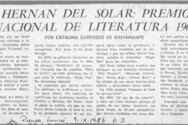 Hernán del Solar, Premio Nacional de Literatura 1968  [artículo] Catalina Carrasco de Bustamante.