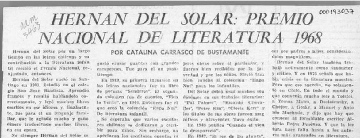Hernán del Solar, Premio Nacional de Literatura 1968  [artículo] Catalina Carrasco de Bustamante.