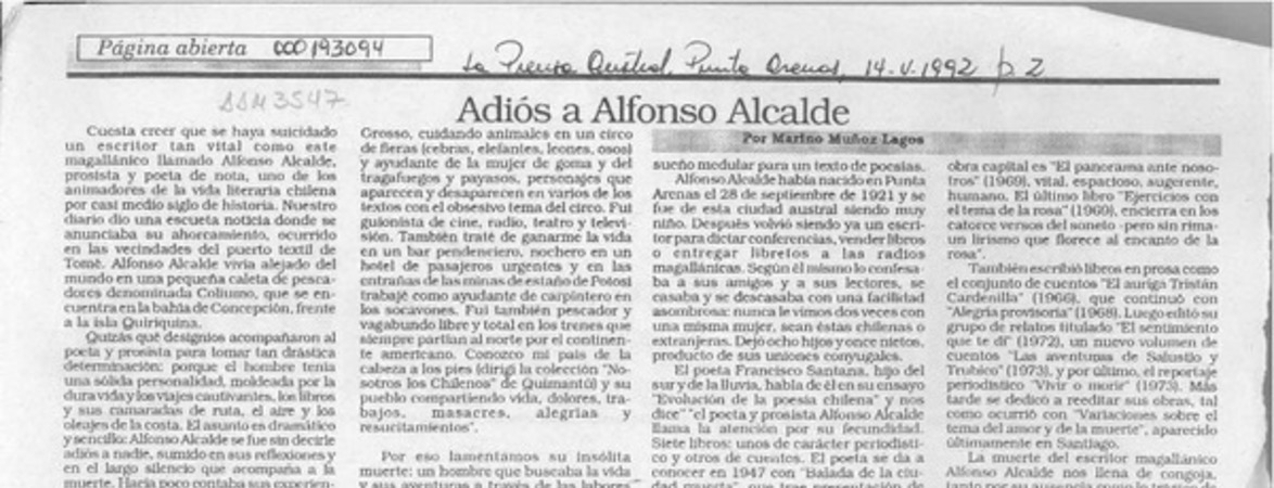 Adiós a Alfonso Alcalde  [artículo] Marino Muñoz Lagos.