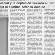 La Soledad y la depresión llevaron al suicidio al escritor Alfonso Alcalde  [artículo].