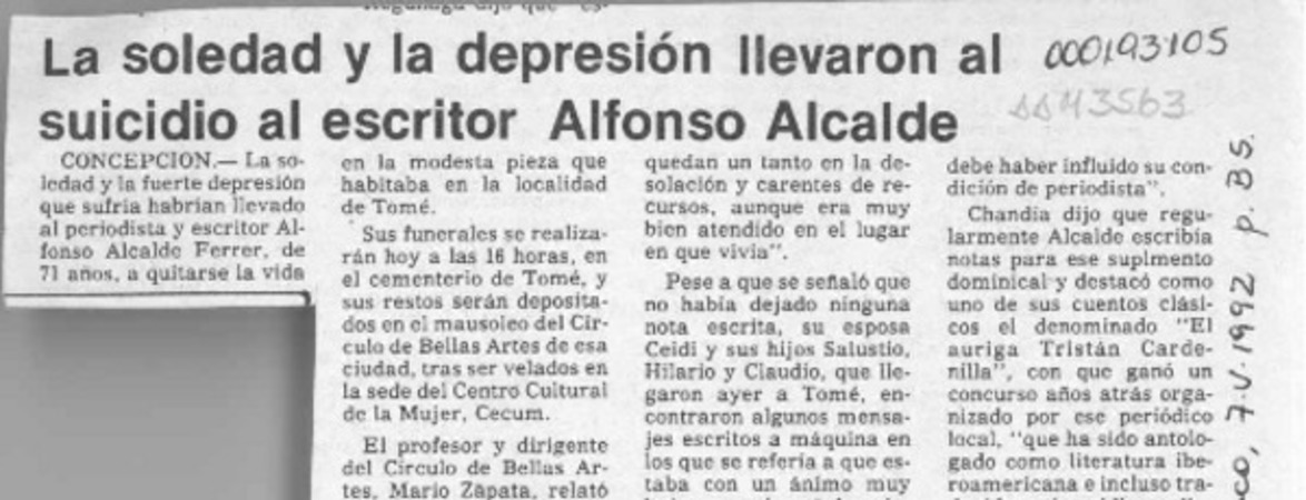 La Soledad y la depresión llevaron al suicidio al escritor Alfonso Alcalde  [artículo].