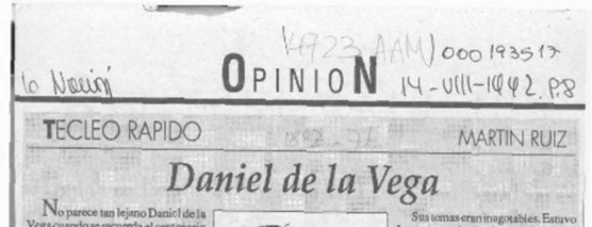 Daniel de la Vega  [artículo] Martín Ruiz.