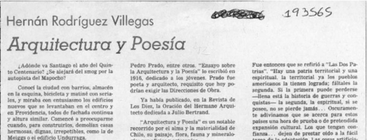 Arquitectura y poesía  [artículo] Hernán Rodríguez Villegas.