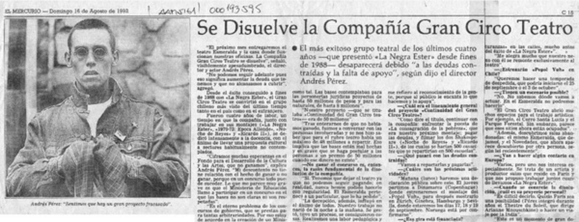 Se disuelve la compañía "Gran circo teatro"  [artículo] Juan Antonio Muñoz H.
