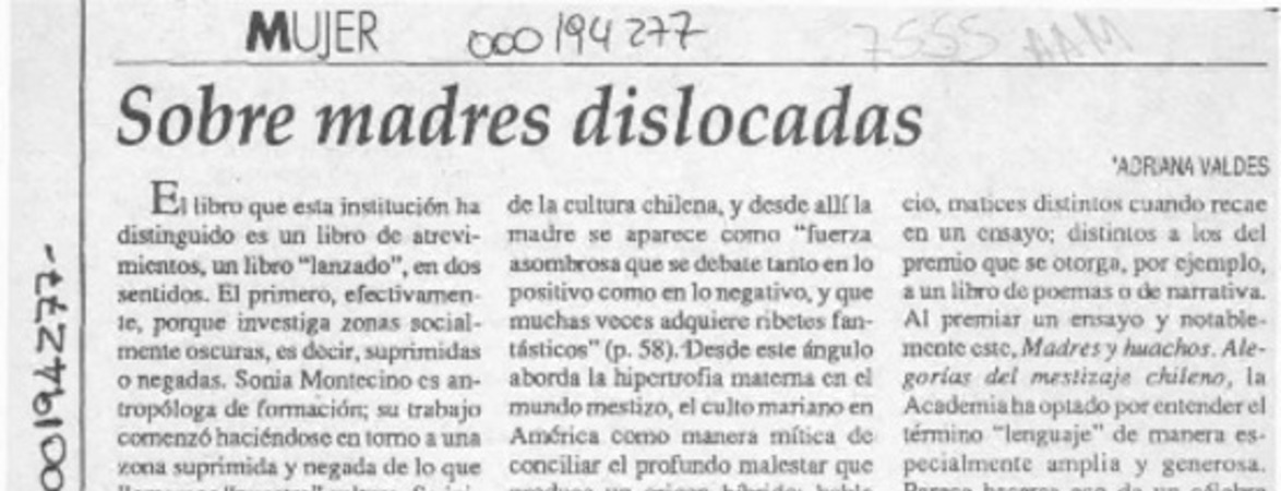 Sobre madres dislocadas  [artículo] Adriana Valdés.