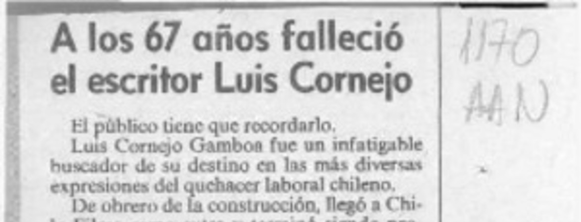 A los 67 años falleció el escritor Luis Cornejo  [artículo].