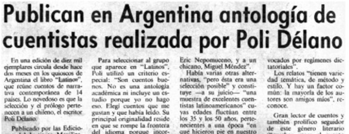 Publican en Argentina antología de cuentistas realizada por Poli Délano