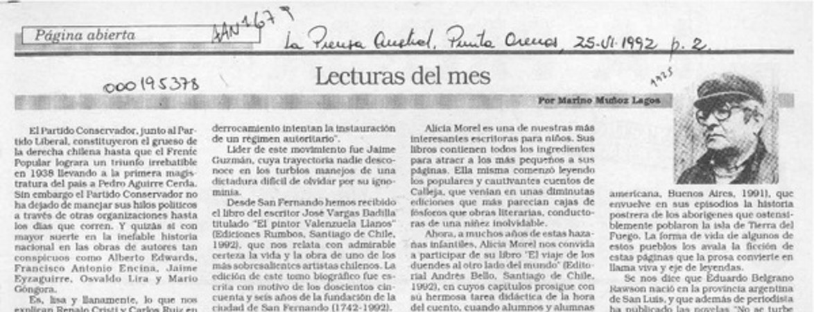 Lecturas del mes  [artículo] Marino Muñoz Lagos.