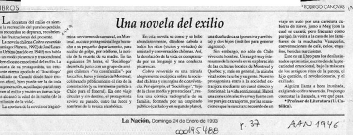 Una novela del exilio  [artículo] Rodrigo Cánovas.