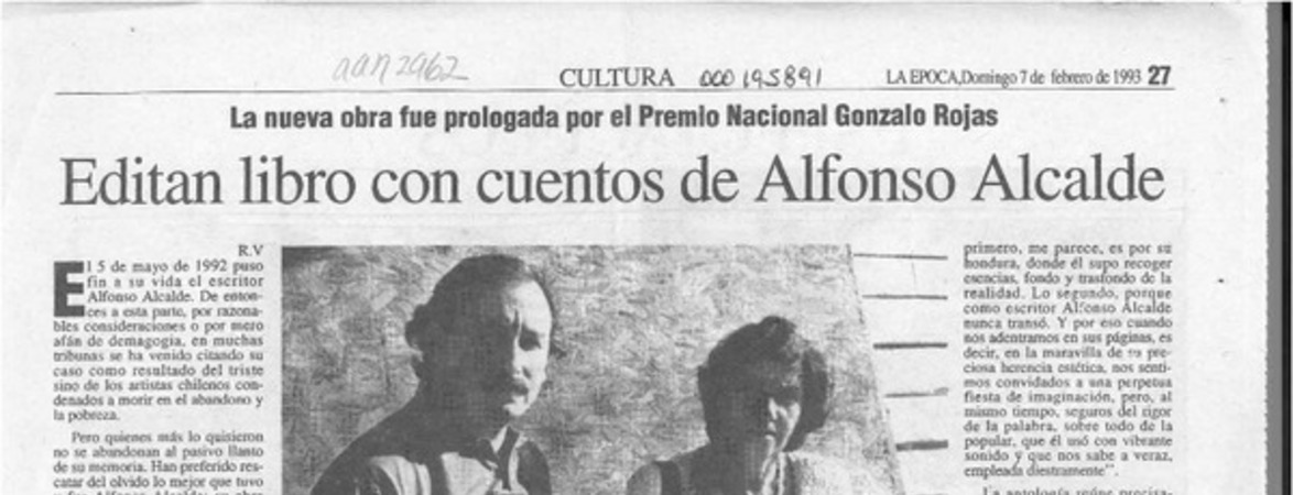 Editan libro con cuentos de Alfonso Alcalde  [artículo] R. V.