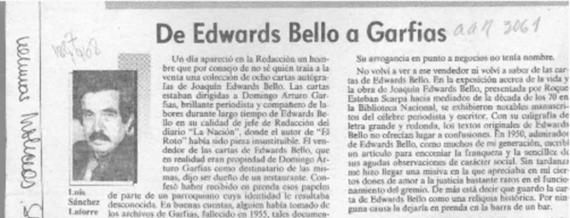 De Edwards Bello a Garfias  [artículo] Luis Sánchez Latorre.