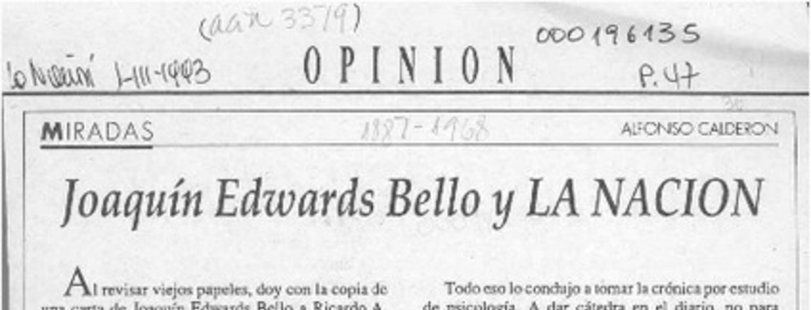 Joaquín Edwards Bello y La Nación  [artículo] Alfonso Calderón.