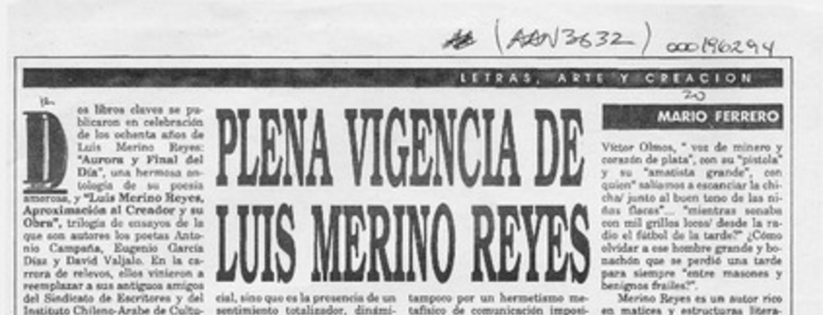 Plena vigencia de Luis Merino Reyes  [artículo] Mario Ferrero.
