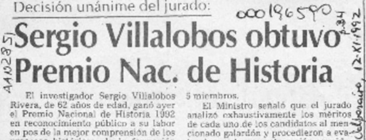 Sergio Villalobos obtuvo Premio Nacional de Historia  [artículo].