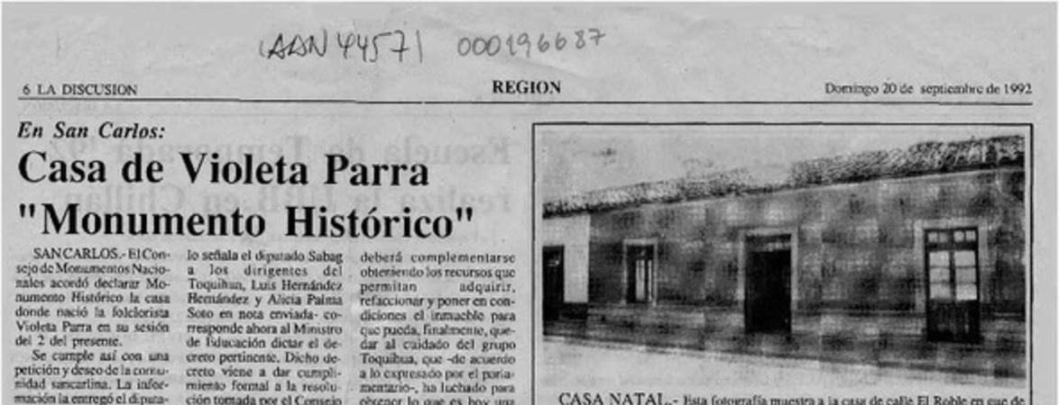 Casa de Violeta Parra "monumento histórico"  [artículo].