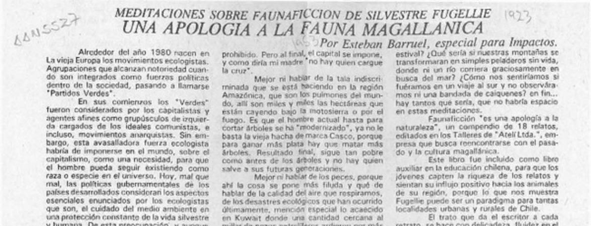 Una apología a la fauna magallánica  [artículo] Esteban Barruel.