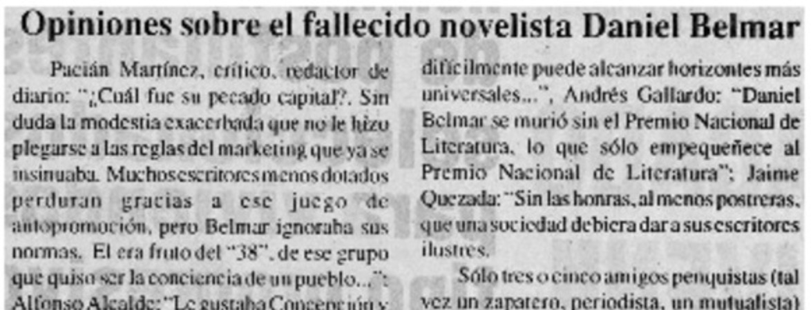 Opiniones sobre el fallecido novelista Daniel Belmar