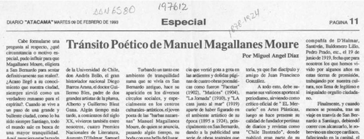 Tránsito poético de Manuel Magallanes Moure  [artículo] Miguel Angel Díaz.