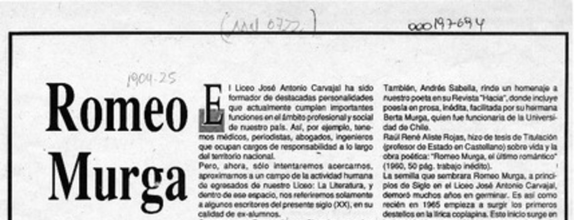 Romeo Murga y su semilla literaria  [artículo] Eduardo Aramburú García.